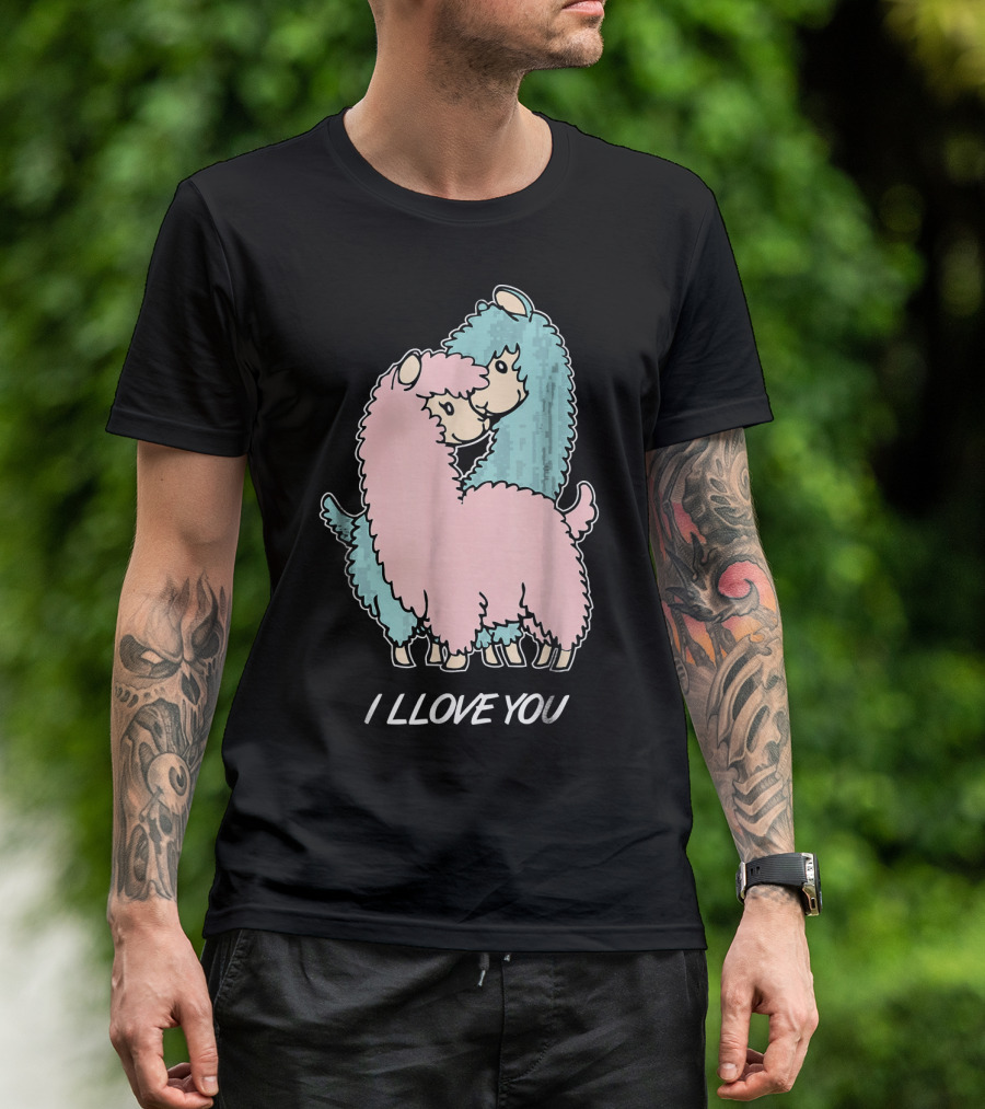 I LLOVE YOU Funny Llama Valentin Cute Alpaca Pair Hug T-Shirt