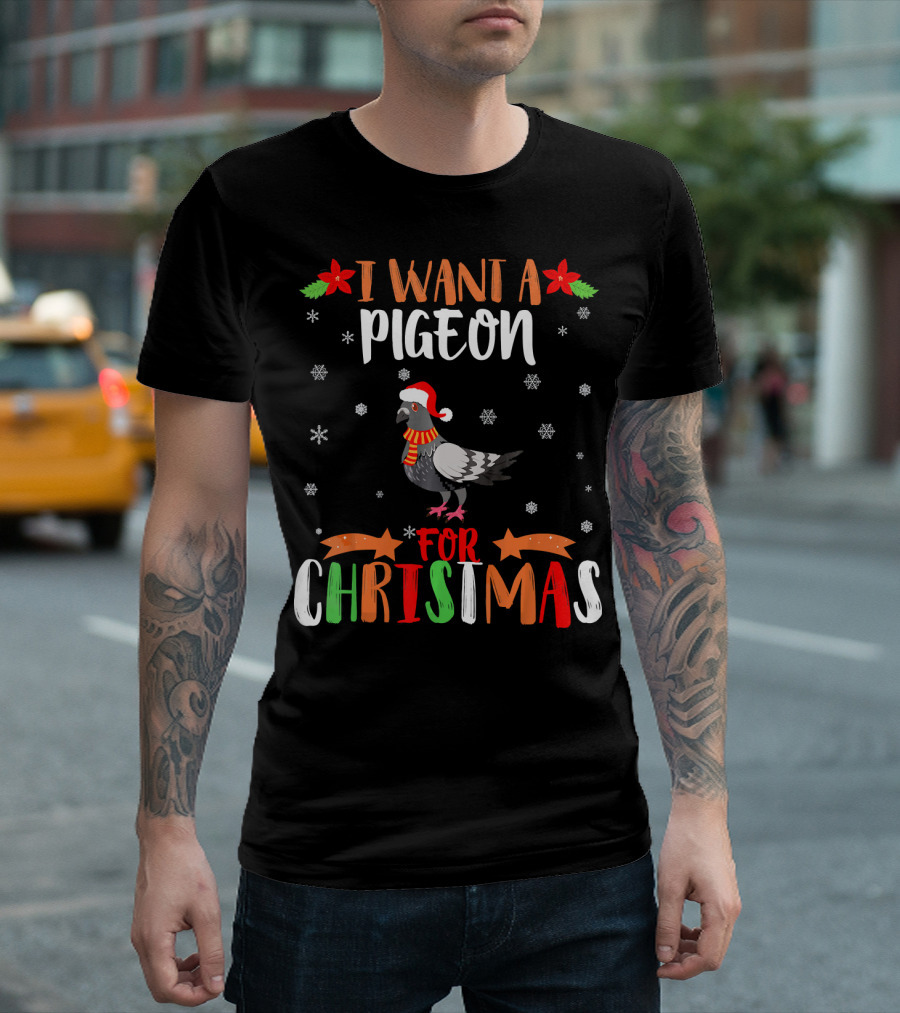 I Want A Pigeon For Christmas Pigeon Love Santa Hat Snowflakes T-Shirt