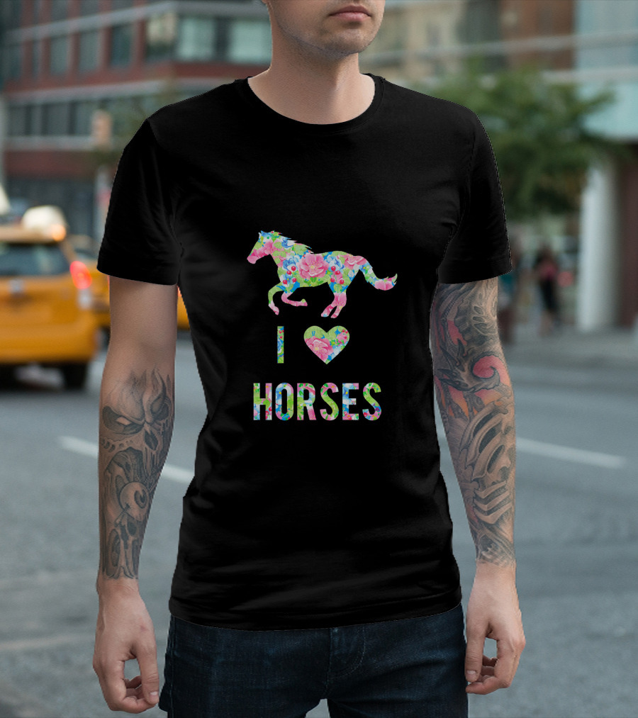 I Love Heart Horses Colorful Floral Pattern for Horse Lovers T-Shirt