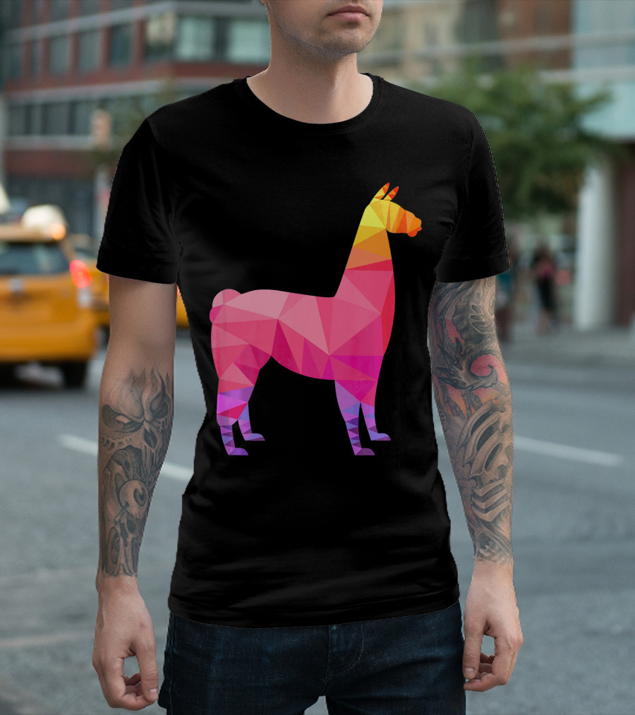 Llama Low Poly Geometric Rainbow Triangular T-Shirt