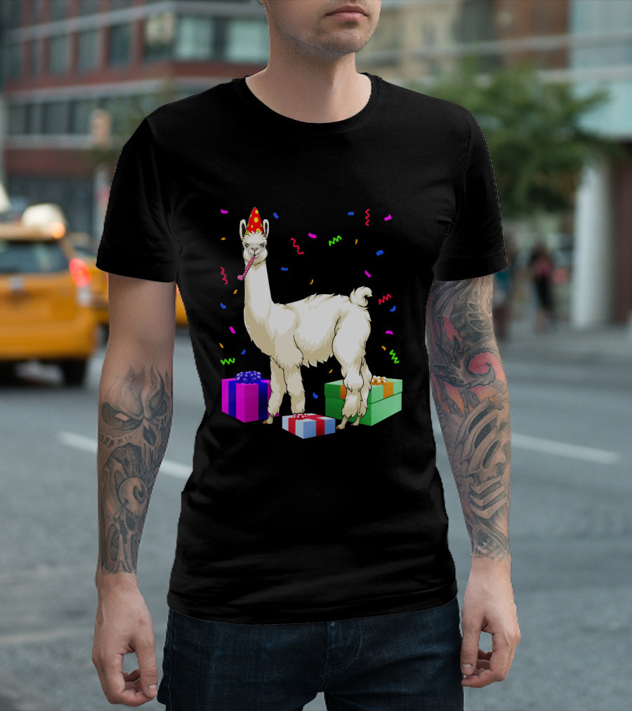 Birthday Llama with Party Hat and Presents Confetti T-Shirt
