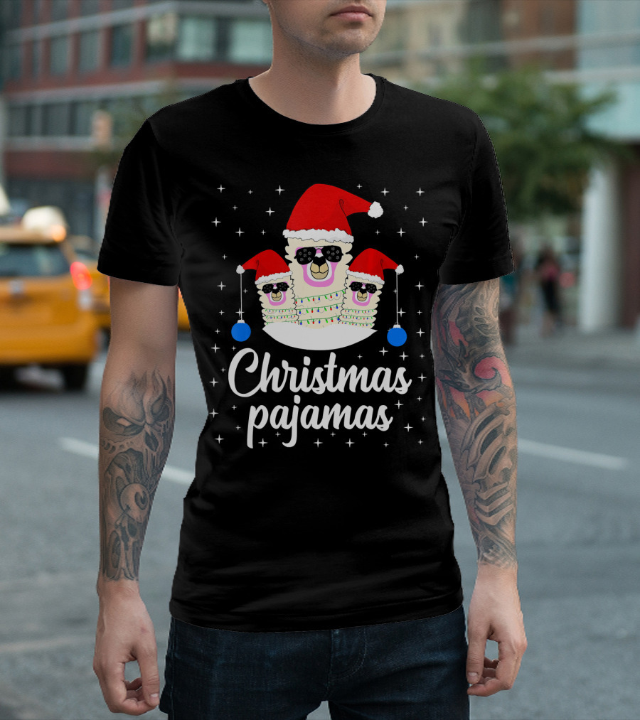 Llama Christmas Pajamas Funny Alpaca Mer Santa Hat Sunglasses T-Shirt