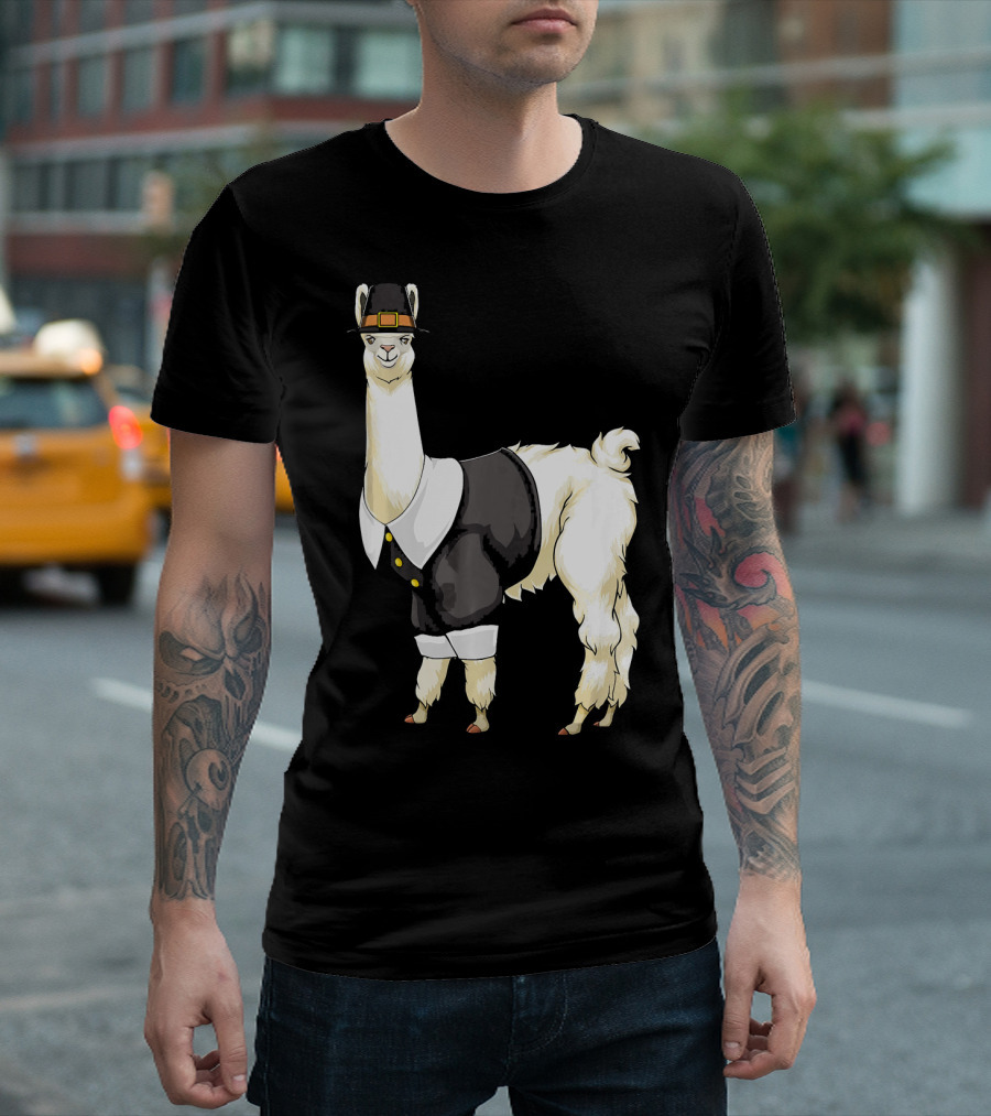Thanksgiving Pilgrim Llama Alpaca In Tropical Summer T-Shirt