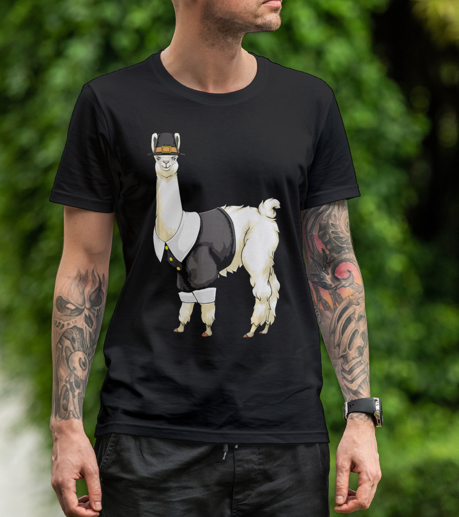 Thanksgiving Pilgrim Llama Alpaca In Tropical Summer T-Shirt