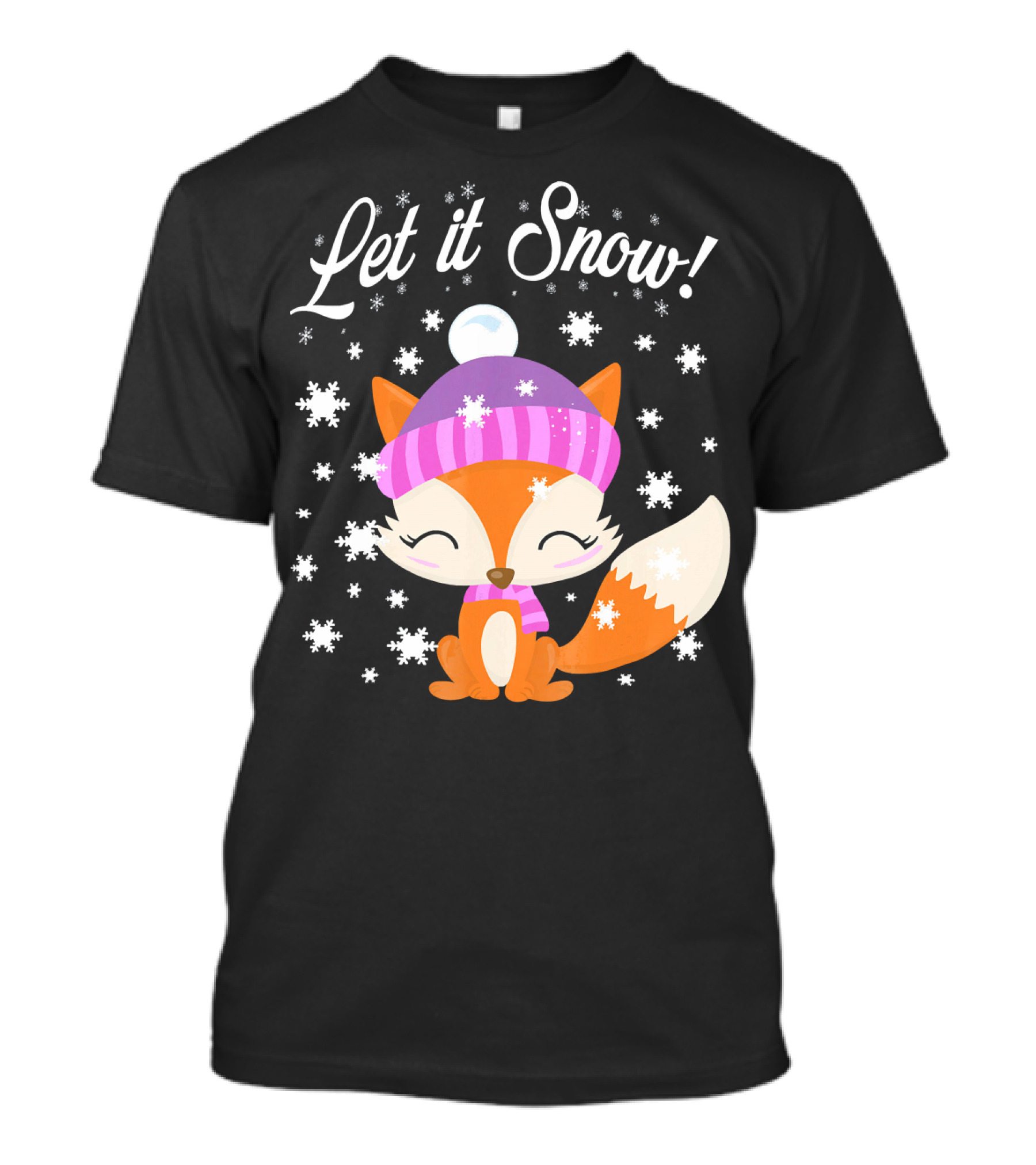 Let It Snow Cute Fox In Striped Hat With Winter Snowflakes T-Shirt