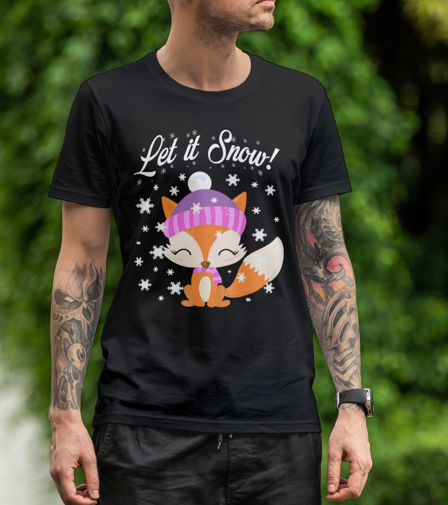 Let It Snow Cute Fox In Striped Hat With Winter Snowflakes T-Shirt
