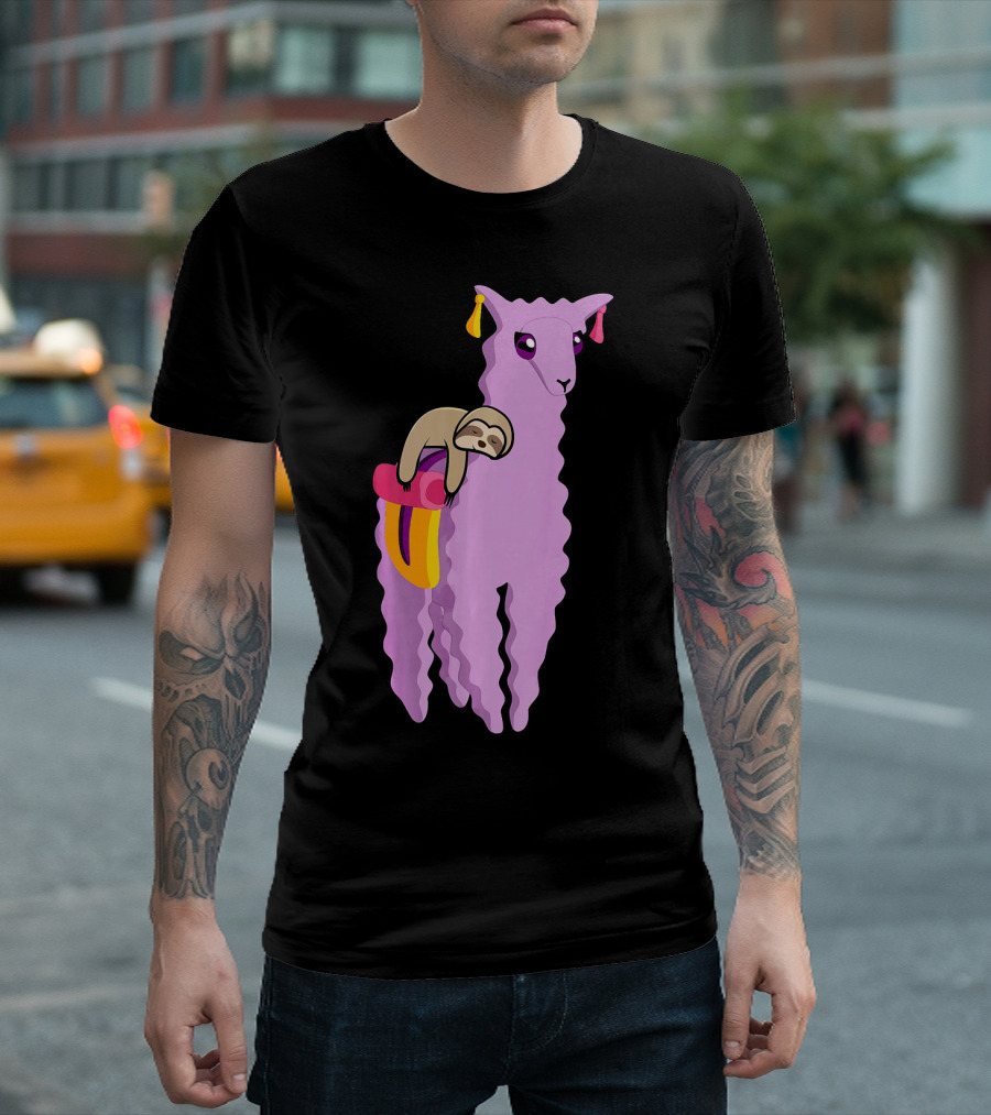 Humorous Sloth Riding A Llama Alpaca Gra Cheerful Pastel Adventure T-Shirt