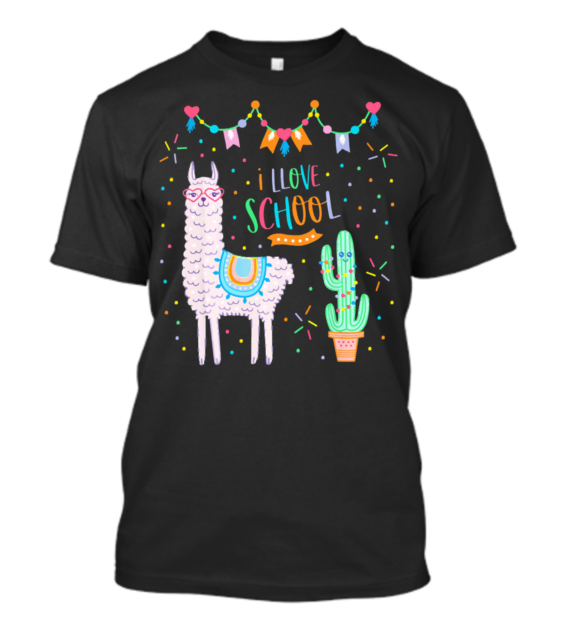 I Love School Llama Alpaca Girl Back To School With Cactus And Colorful Banner T-Shirt