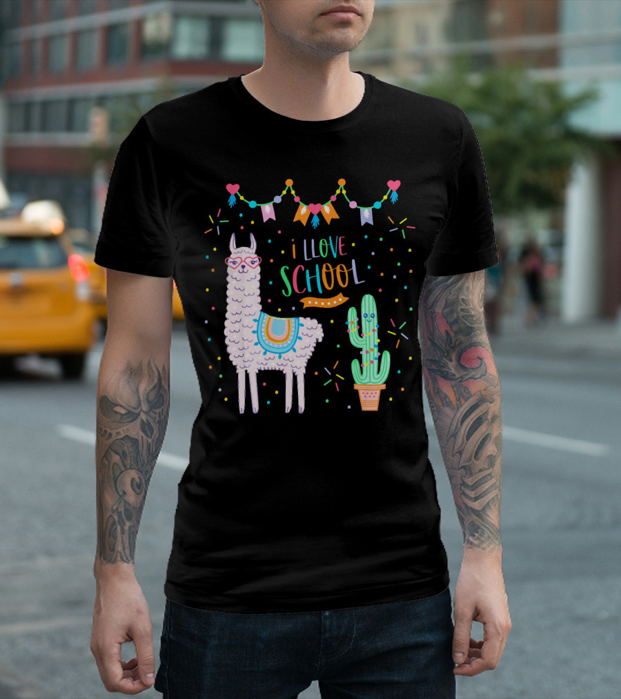 I Love School Llama Alpaca Girl Back To School With Cactus And Colorful Banner T-Shirt