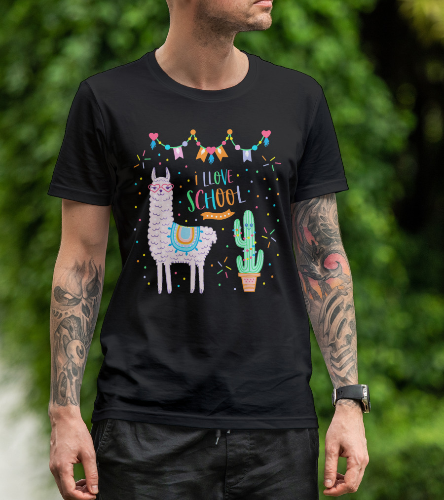 I Love School Llama Alpaca Girl Back To School With Cactus And Colorful Banner T-Shirt