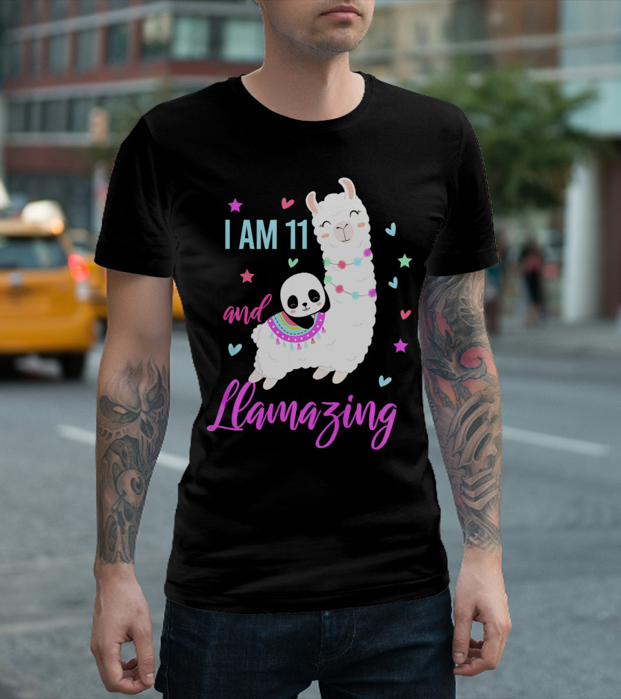I Am 11 and Llamazing Llama with Panda and Stars Hearts T-Shirt