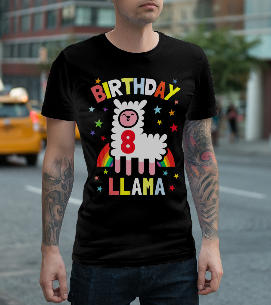 Birthday Llama 8 Rainbow Stars T-Shirt