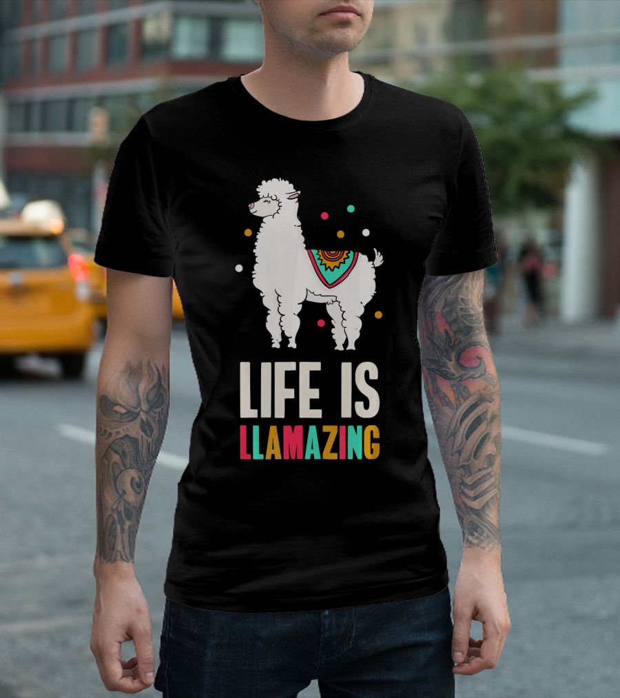 Life Is Llamazing With Colorful Llama And Playful Dots T-Shirt