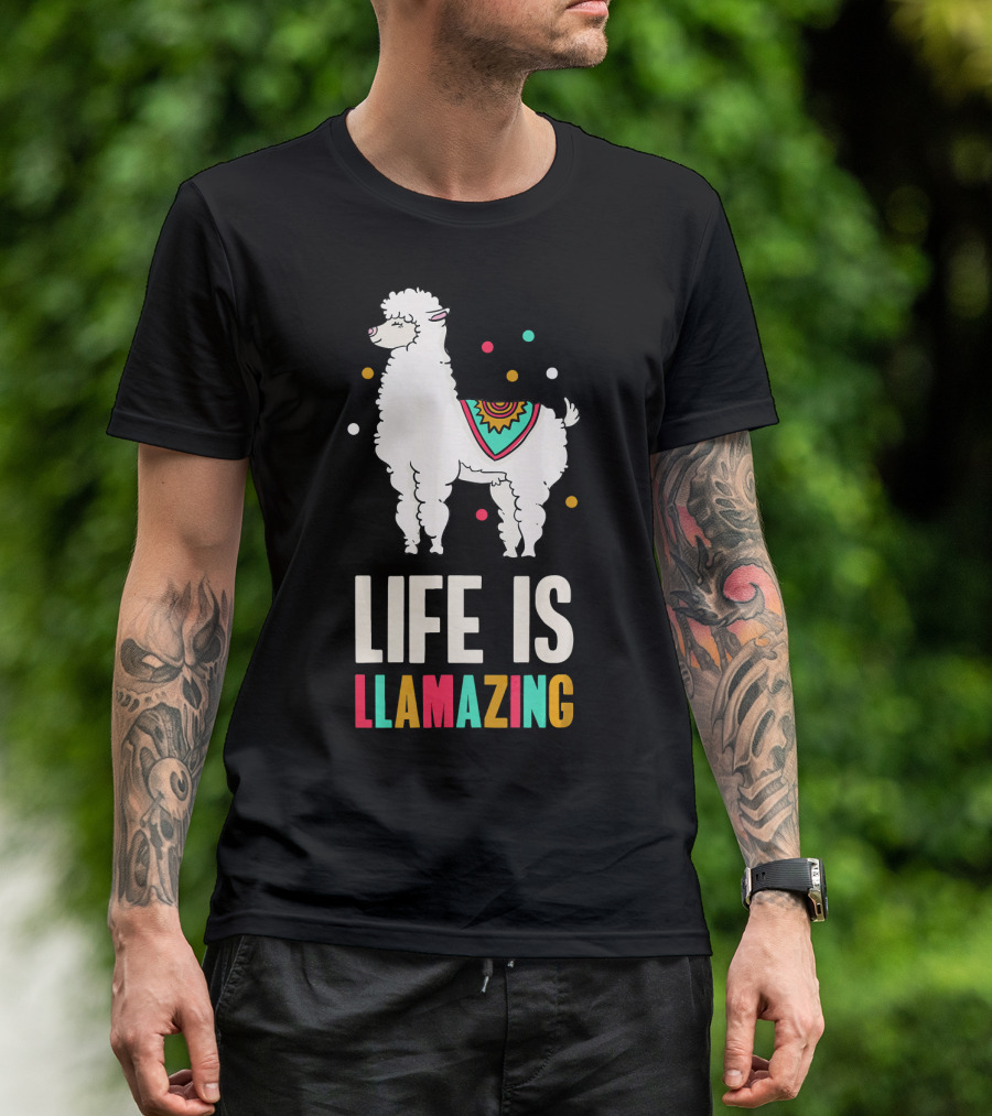 Life Is Llamazing With Colorful Llama And Playful Dots T-Shirt