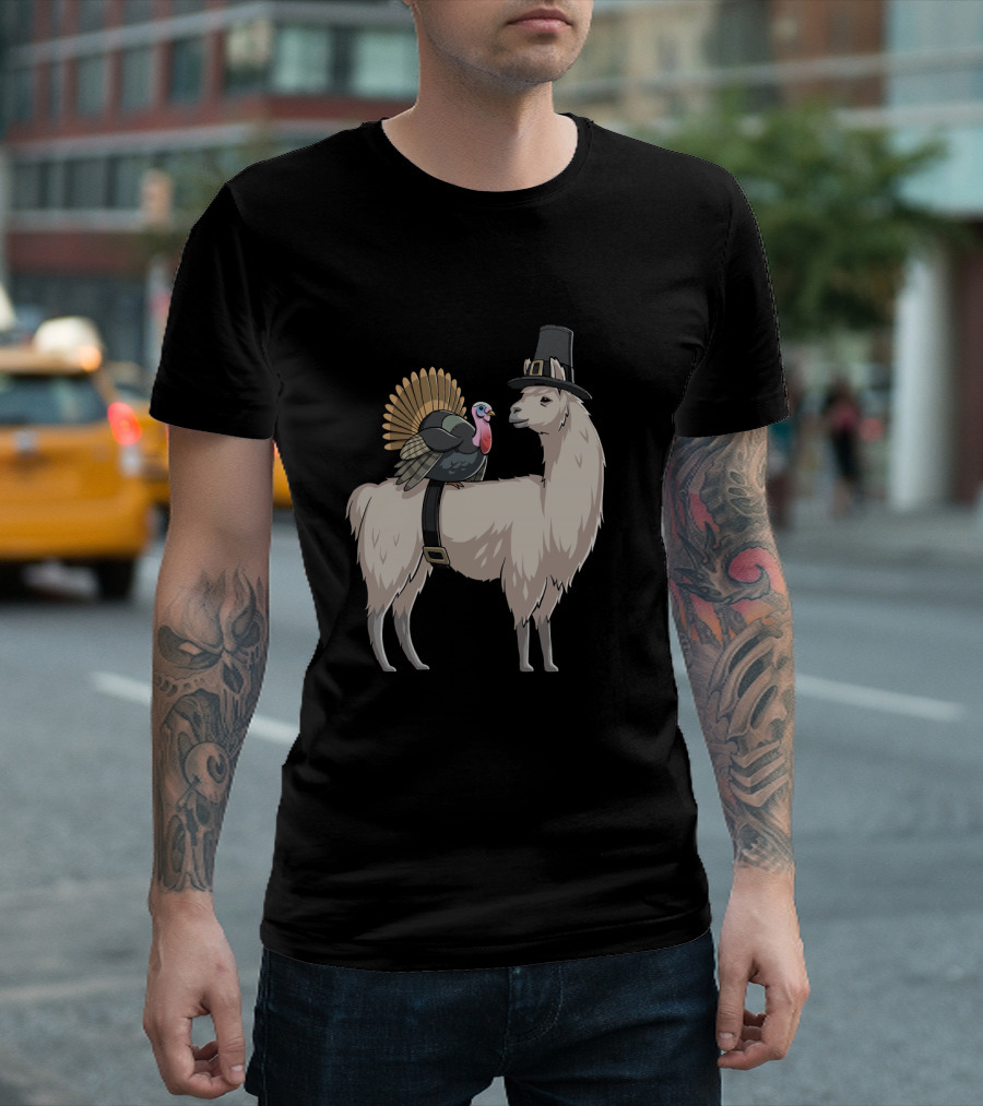 Llama Alpaca Thanksgiving Turkey Pilgrim Hat T-Shirt