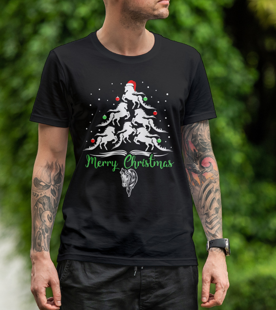 Merry Christmas Horse Tree With Santa Hat For Horse Lovers T-Shirt