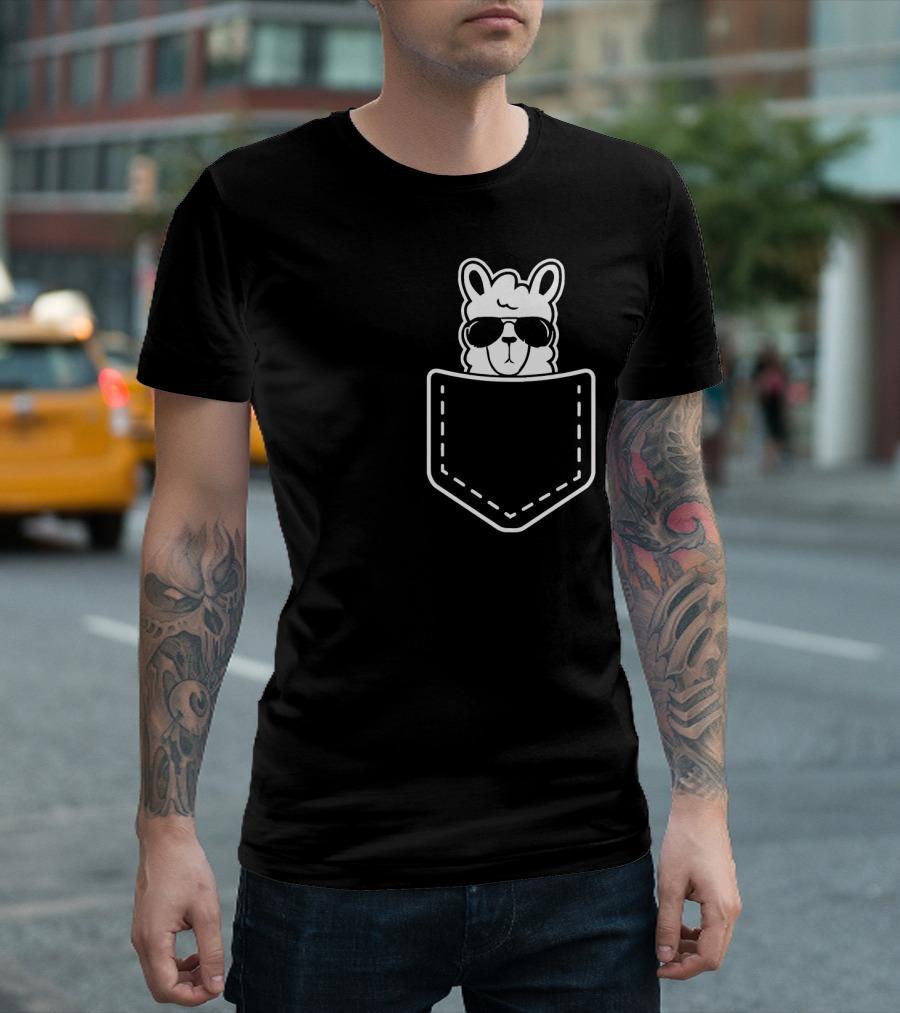 Llama Inside Pocket Wearing Sunglasses Alpaca Fun T-Shirt
