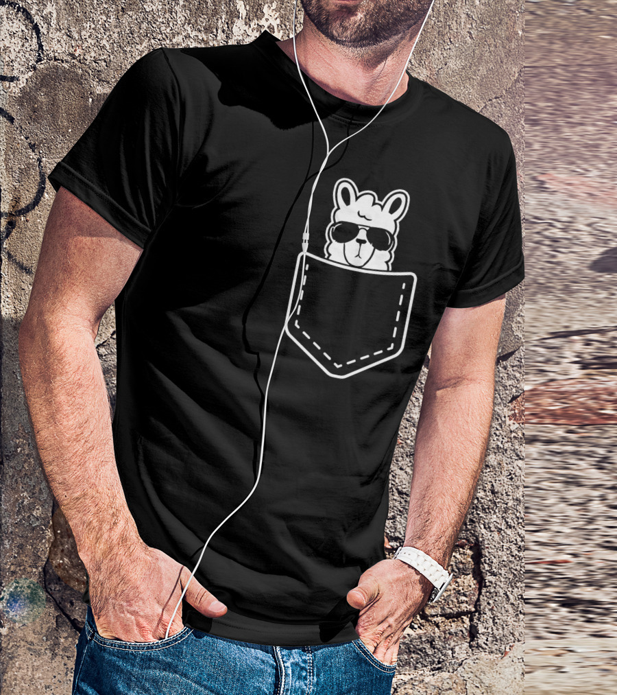 Llama Inside Pocket Wearing Sunglasses Alpaca Fun T-Shirt