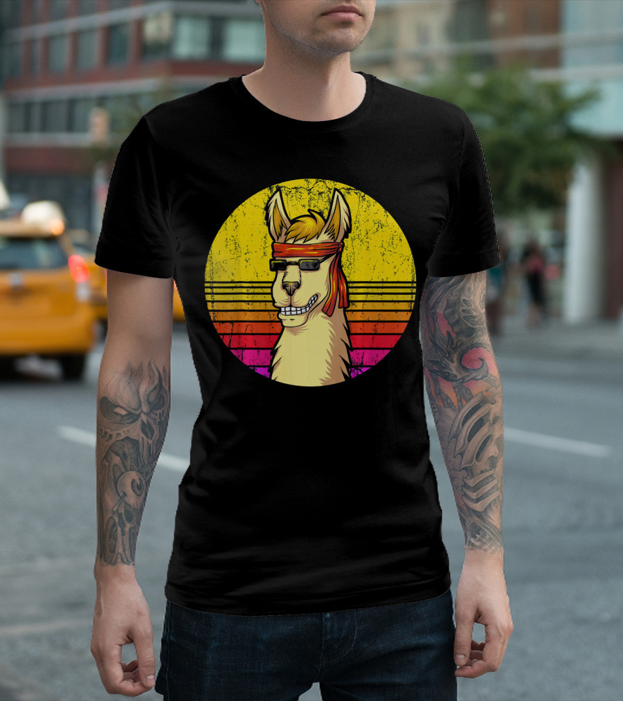 Retro Llama Sunglasses Funny Vintage Alp Sunset Headband Stripes T-Shirt