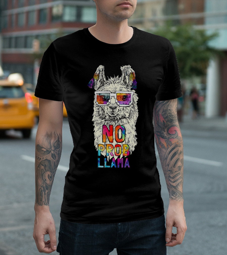 No Probllama Llama Alpaca Love Rainbow Sunglasses T-Shirt