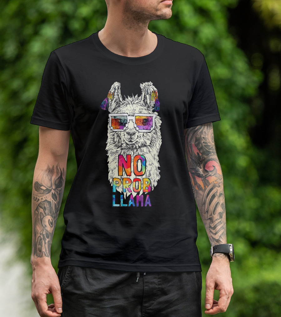 No Probllama Llama Alpaca Love Rainbow Sunglasses T-Shirt