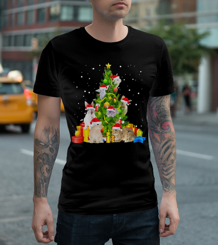 Rabbit Christmas Tree Santa Hat Puppies Holiday Gift Snowflakes T-Shirt