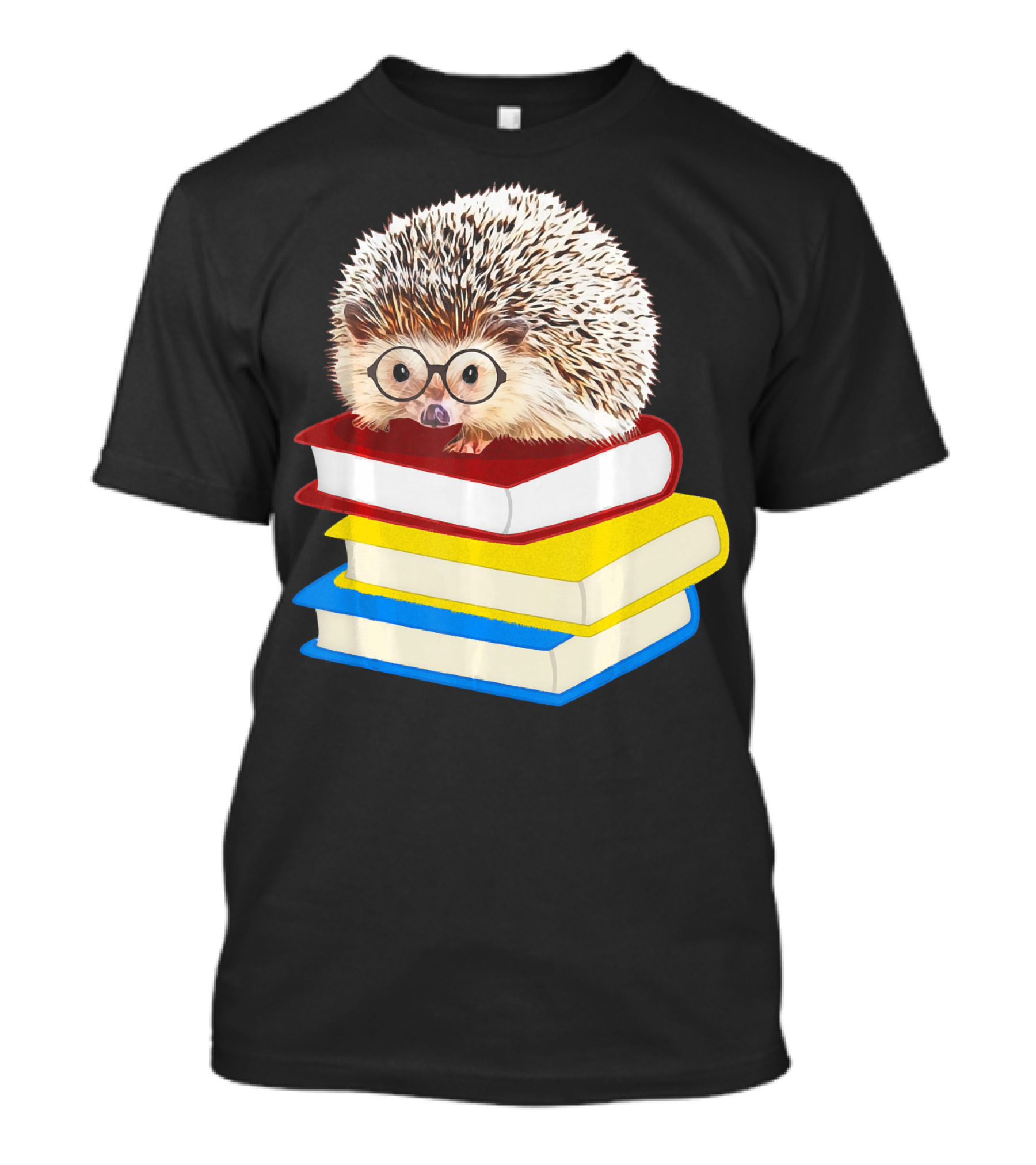 Totally Adorable Hedgehog Book Nerd Stack Of Colorful Books With Glasses T-Shirt