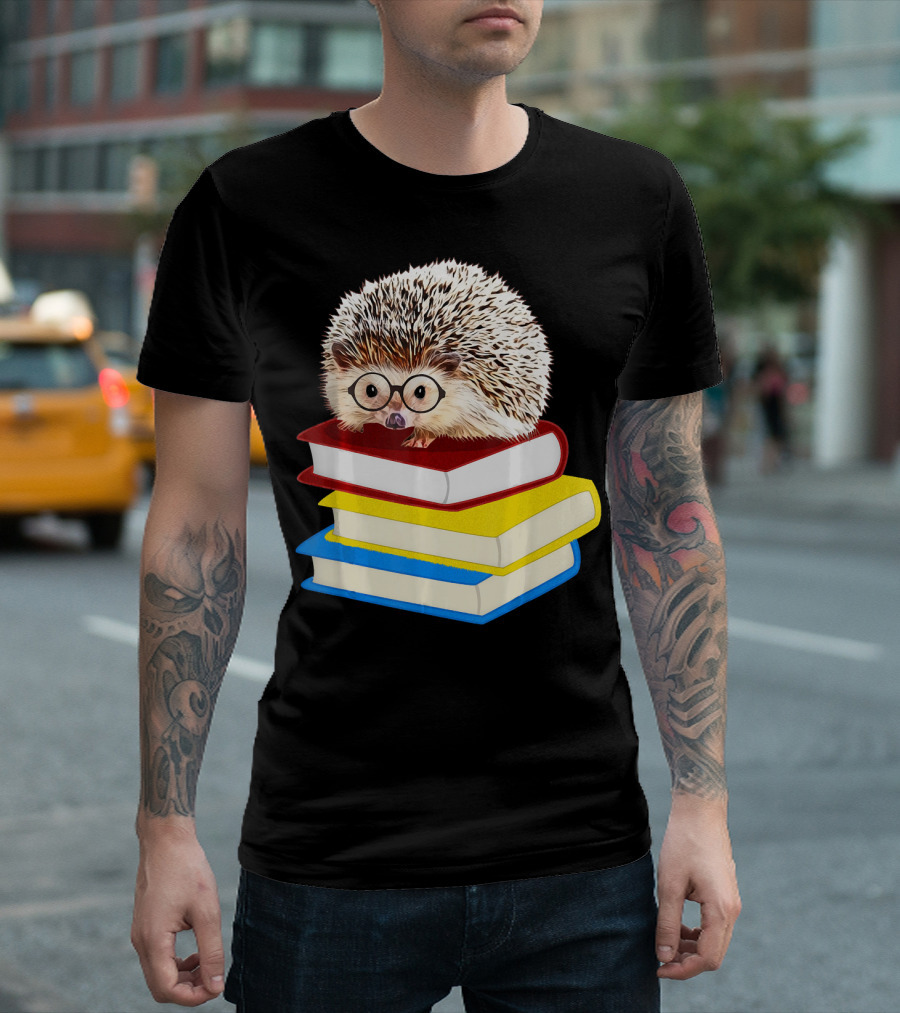 Totally Adorable Hedgehog Book Nerd Stack Of Colorful Books With Glasses T-Shirt