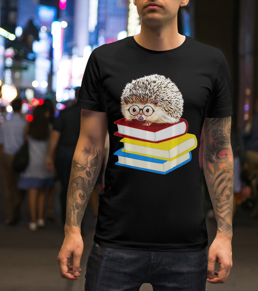 Totally Adorable Hedgehog Book Nerd Stack Of Colorful Books With Glasses T-Shirt