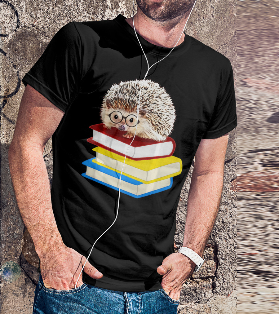 Totally Adorable Hedgehog Book Nerd Stack Of Colorful Books With Glasses T-Shirt