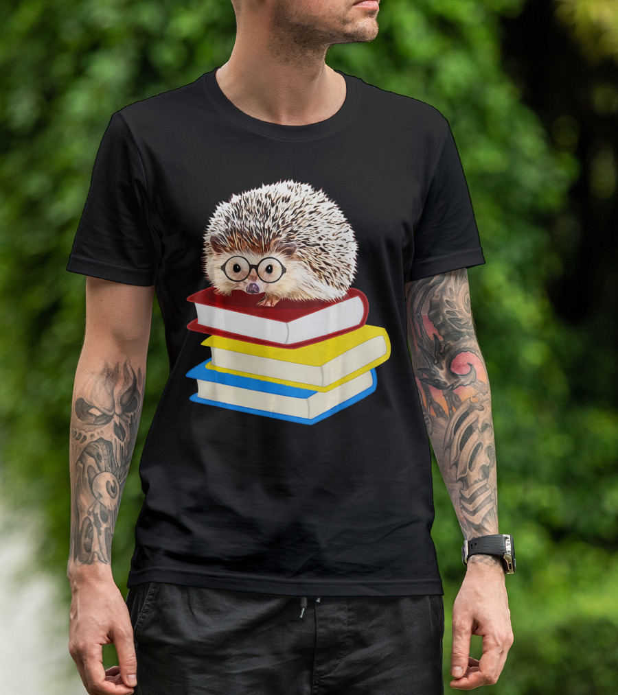 Totally Adorable Hedgehog Book Nerd Stack Of Colorful Books With Glasses T-Shirt