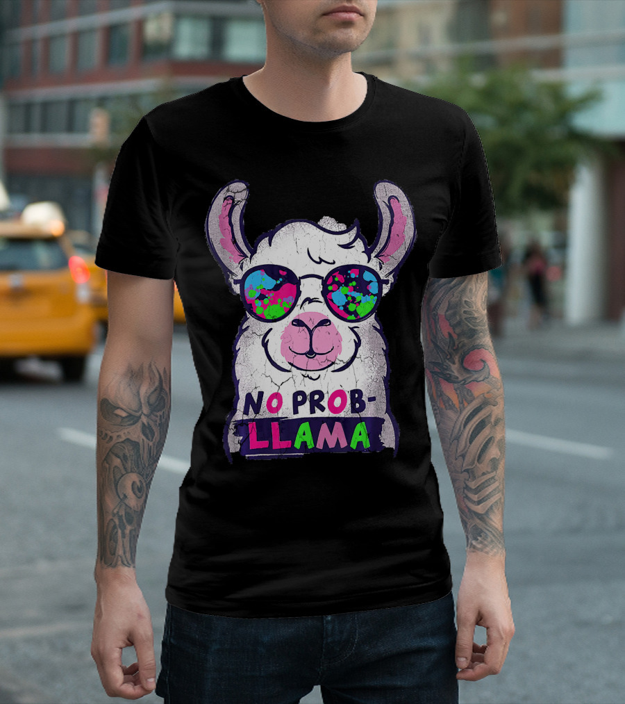 No Prob Llama with Colorful Sunglasses Funny Llama Alpaca Love T-Shirt