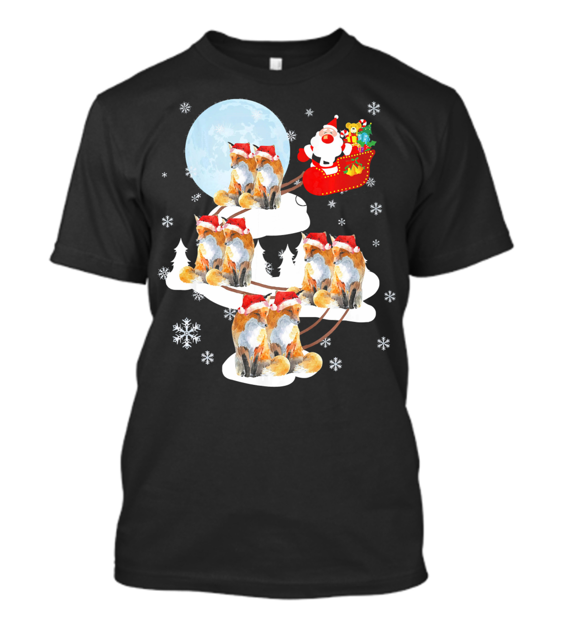 Santa On Sleigh Pulled By Foxes In Christmas Night Scene T-Shirt