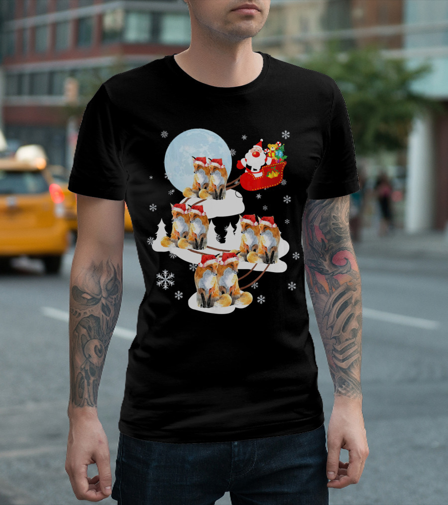 Santa On Sleigh Pulled By Foxes In Christmas Night Scene T-Shirt
