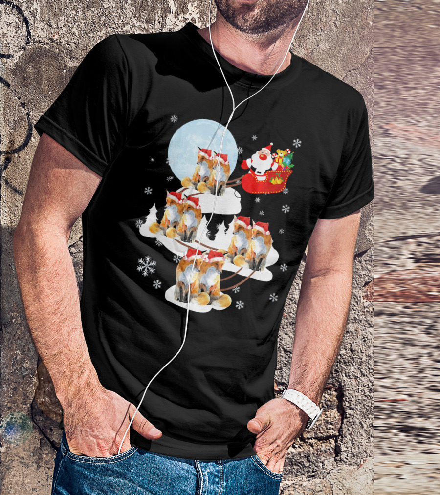 Santa On Sleigh Pulled By Foxes In Christmas Night Scene T-Shirt