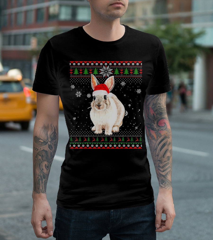 Merry Christmas Rabbit Santa Hat Snowflakes Festive T-Shirt