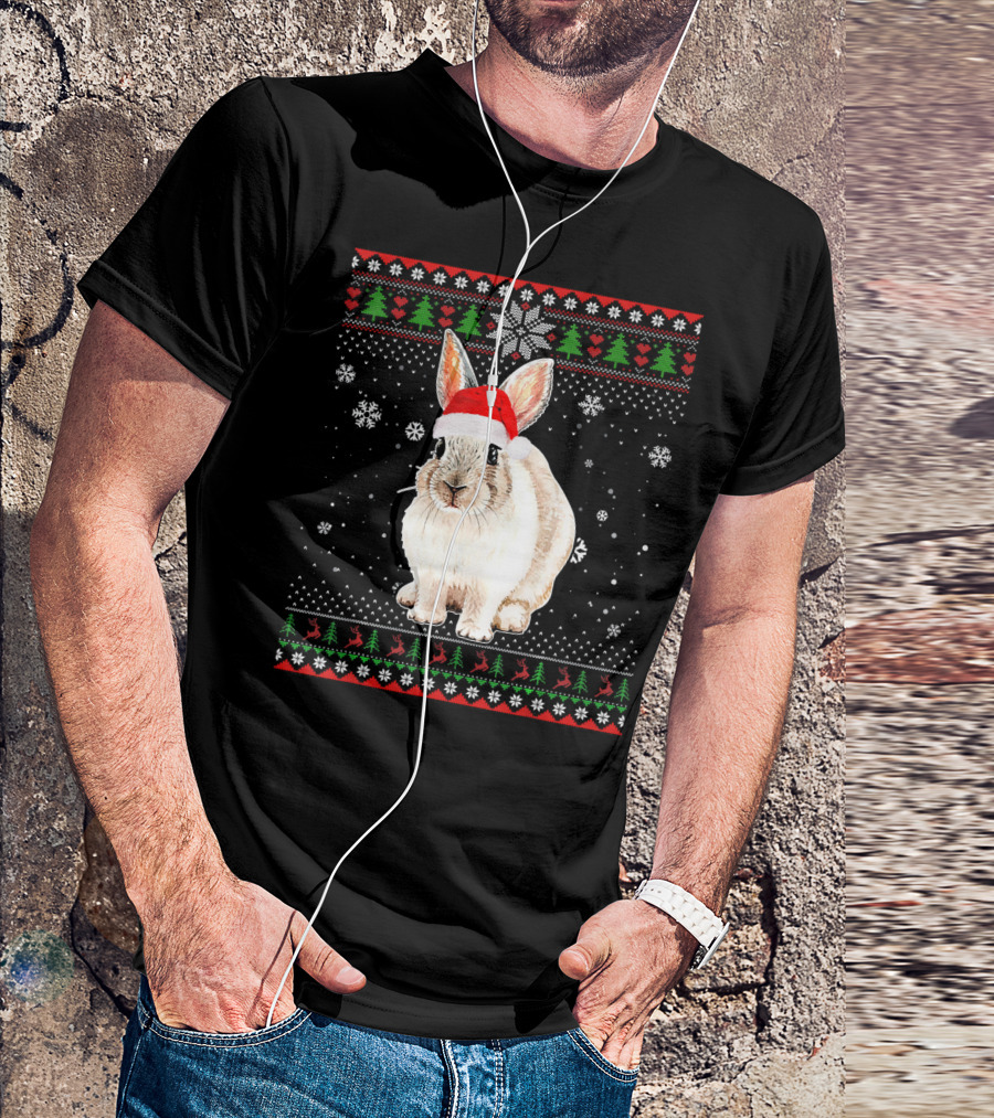 Merry Christmas Rabbit Santa Hat Snowflakes Festive T-Shirt