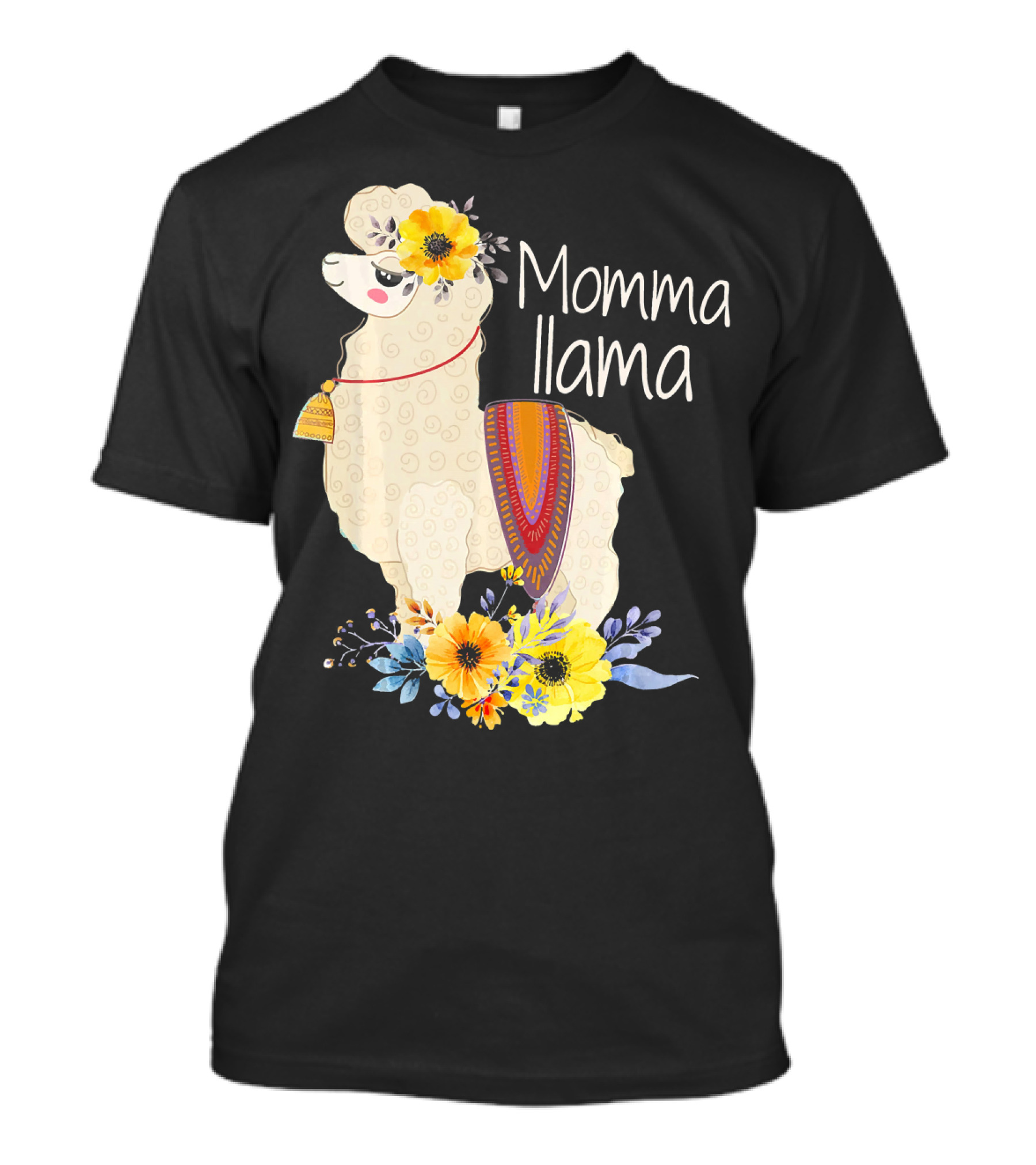 Momma Llama With Colorful Flowers And Ornate Blanket T-Shirt
