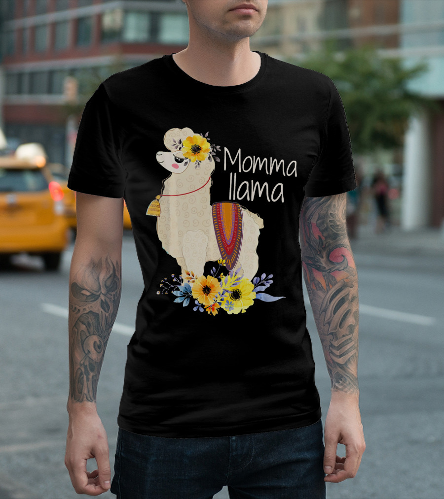 Momma Llama With Colorful Flowers And Ornate Blanket T-Shirt