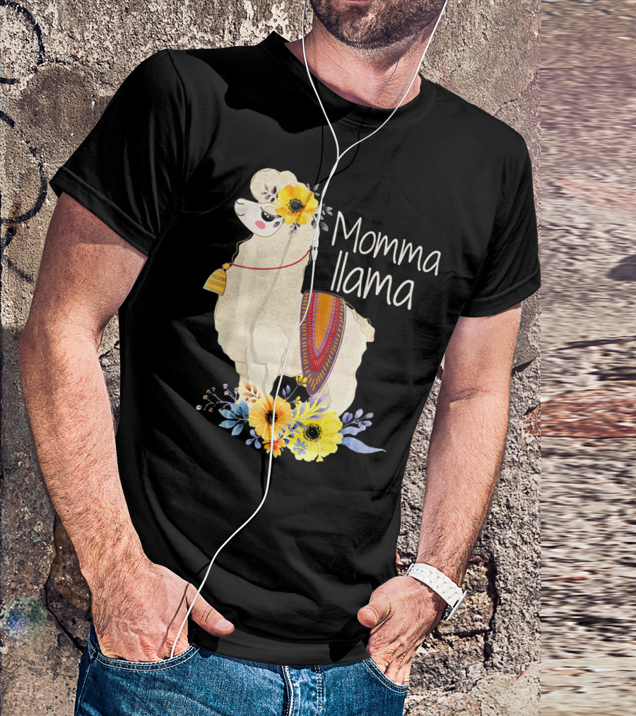 Momma Llama With Colorful Flowers And Ornate Blanket T-Shirt
