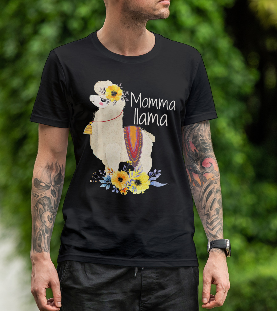 Momma Llama With Colorful Flowers And Ornate Blanket T-Shirt