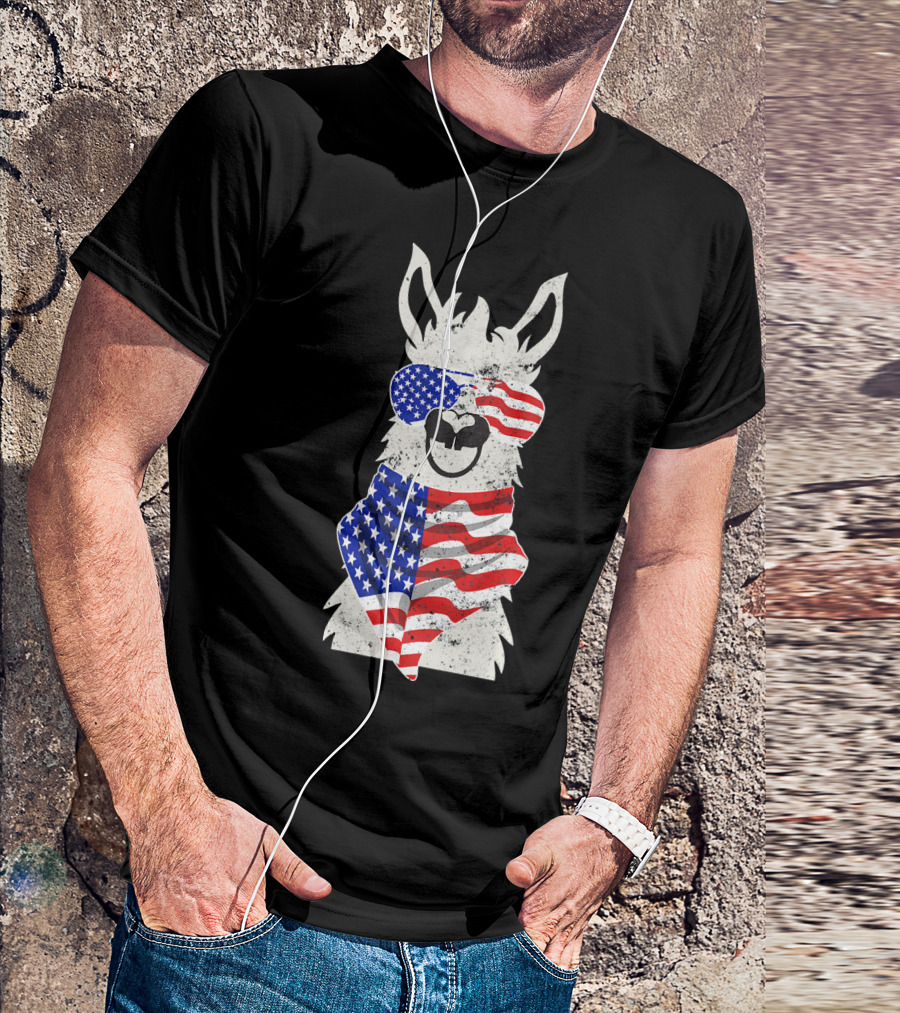 USA Patriotic Llama July 4th American Flag T-Shirt