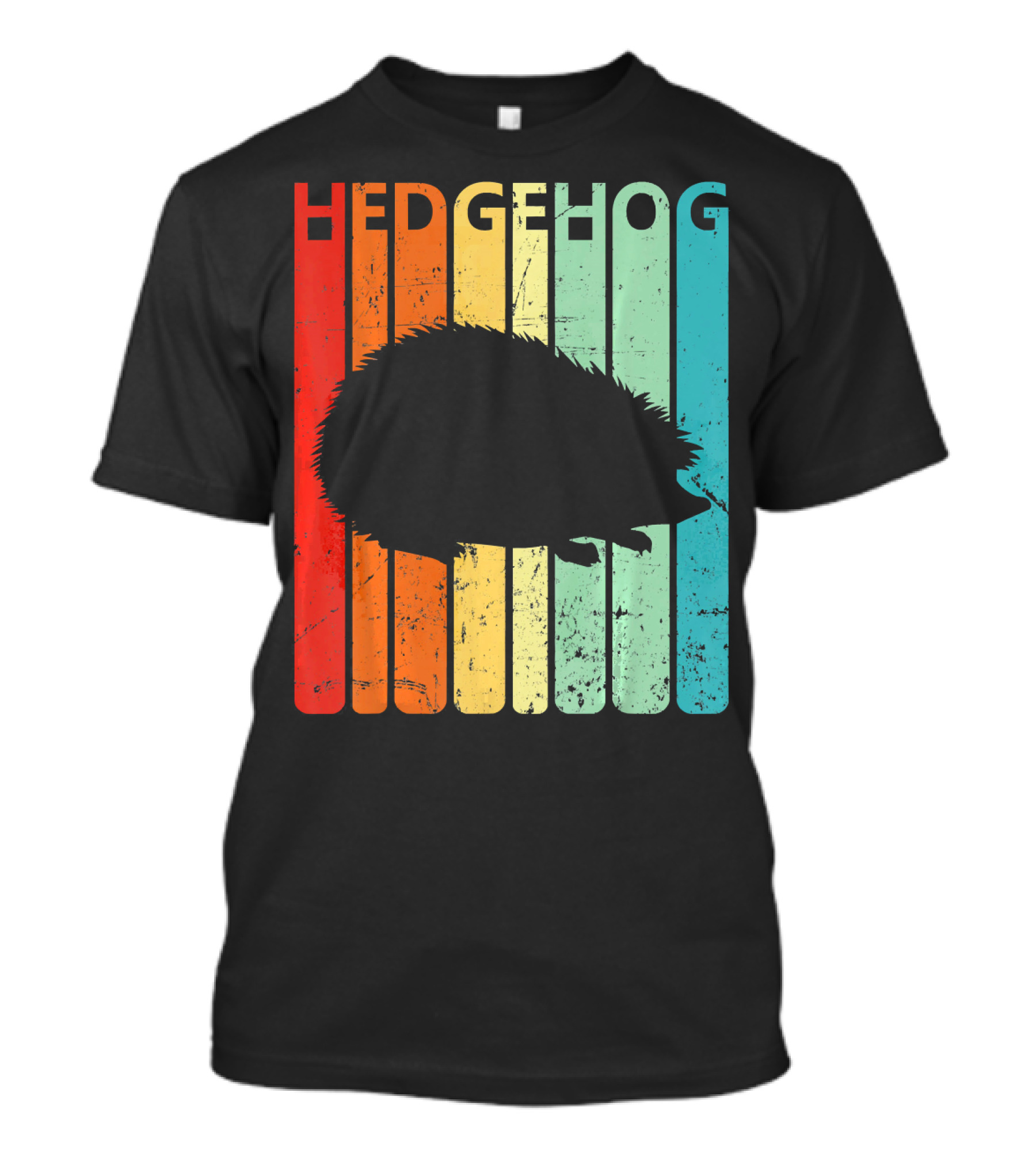 Retro Vintage Hedgehog Silhouette On Colorful Stripes T-Shirt