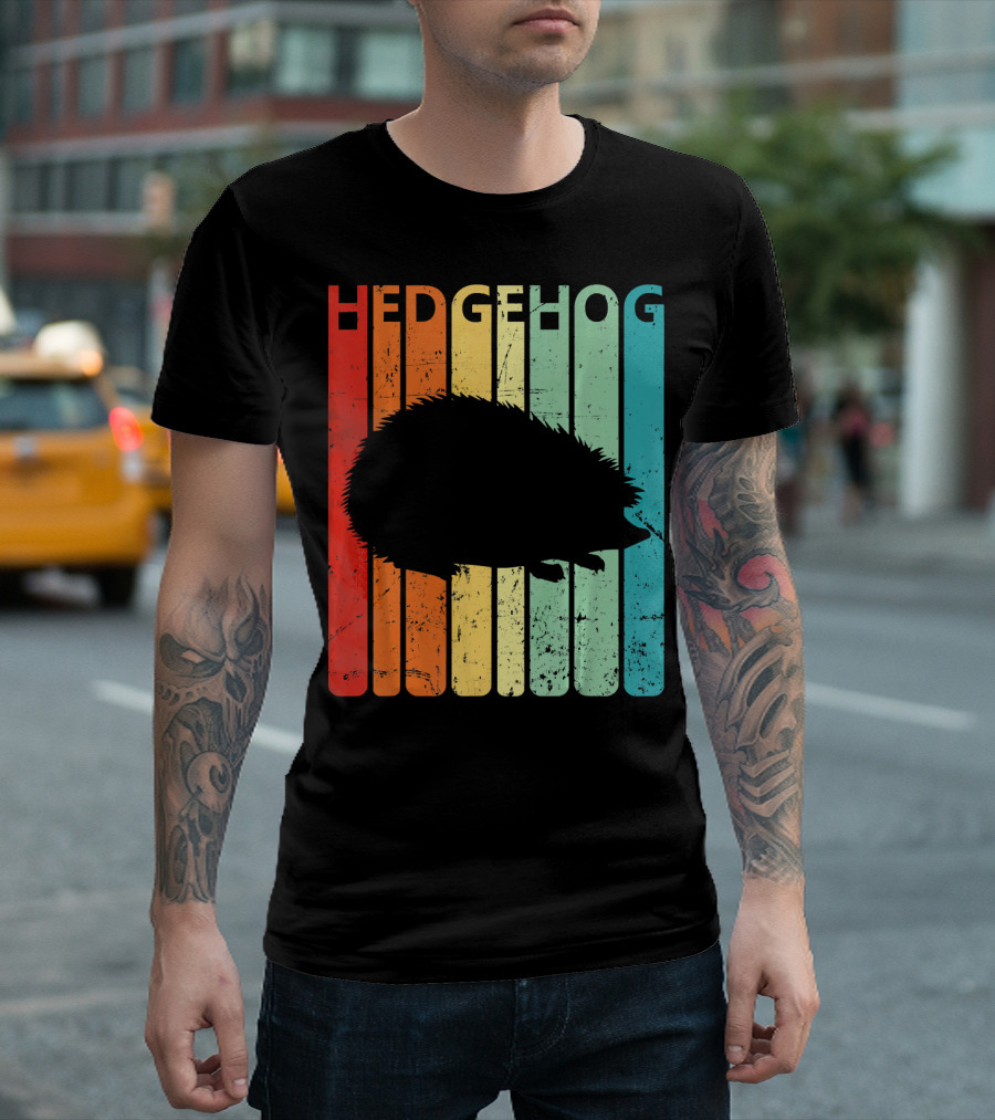 Retro Vintage Hedgehog Silhouette On Colorful Stripes T-Shirt