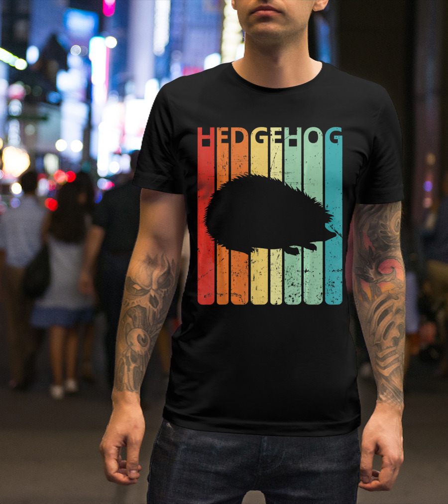 Retro Vintage Hedgehog Silhouette On Colorful Stripes T-Shirt