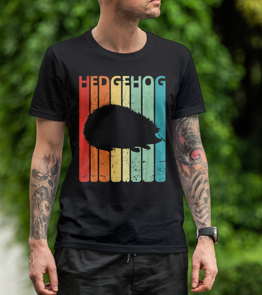Retro Vintage Hedgehog Silhouette On Colorful Stripes T-Shirt
