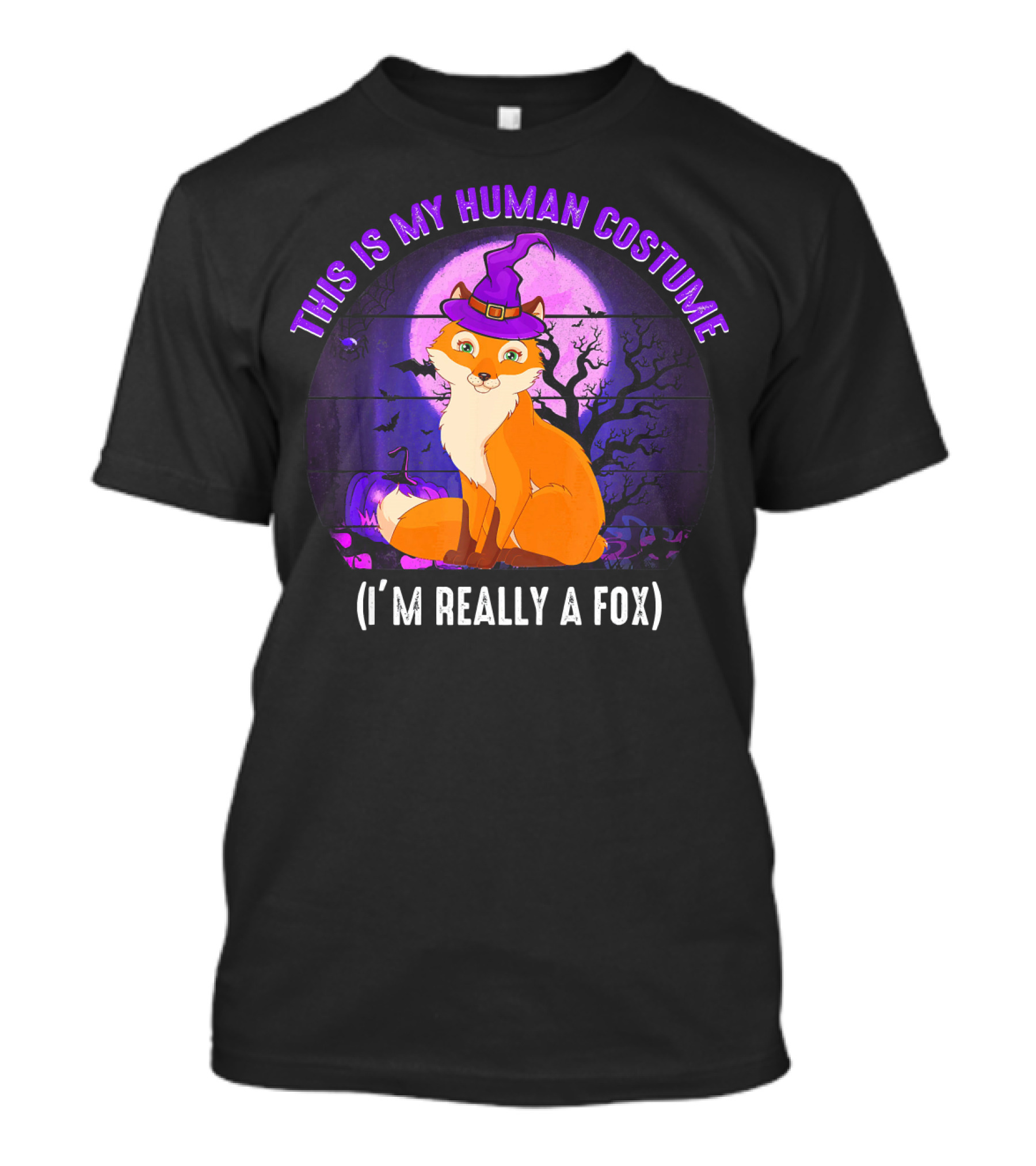 This Is My Human Costume I'm Really A Fox Halloween Witch Hat Moonlit Scene T-Shirt