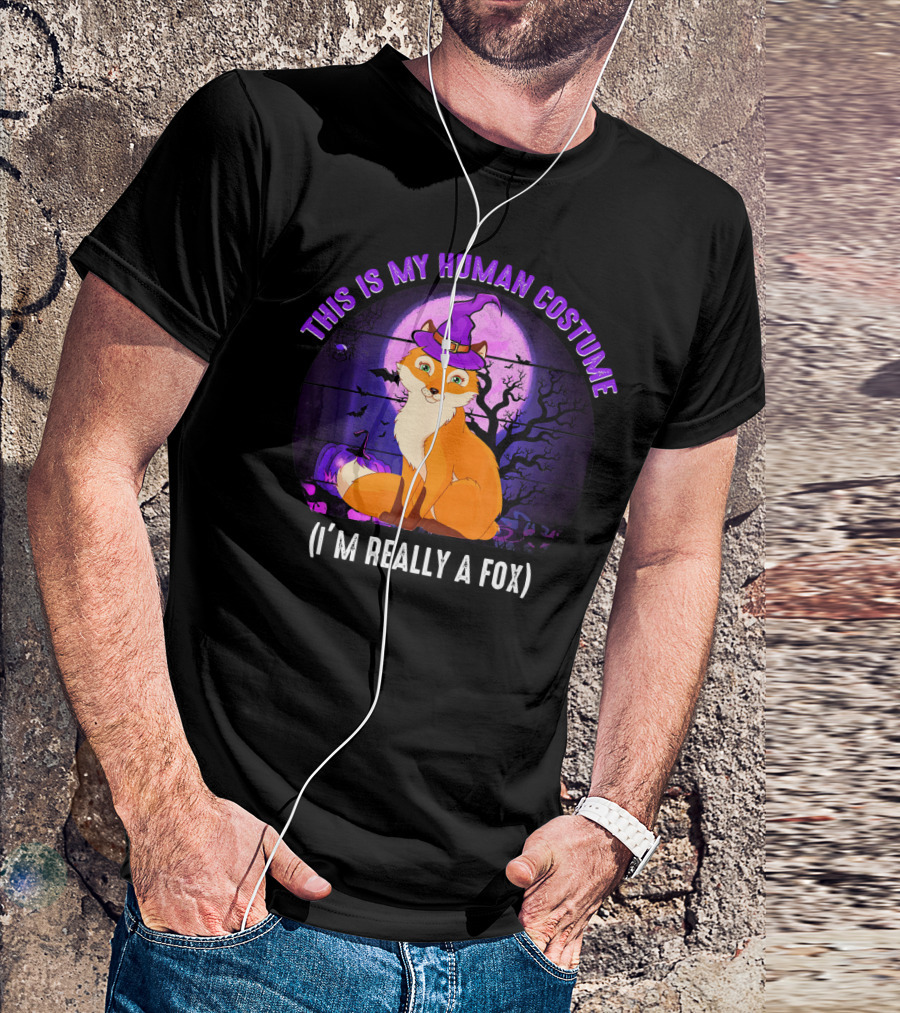 This Is My Human Costume I'm Really A Fox Halloween Witch Hat Moonlit Scene T-Shirt