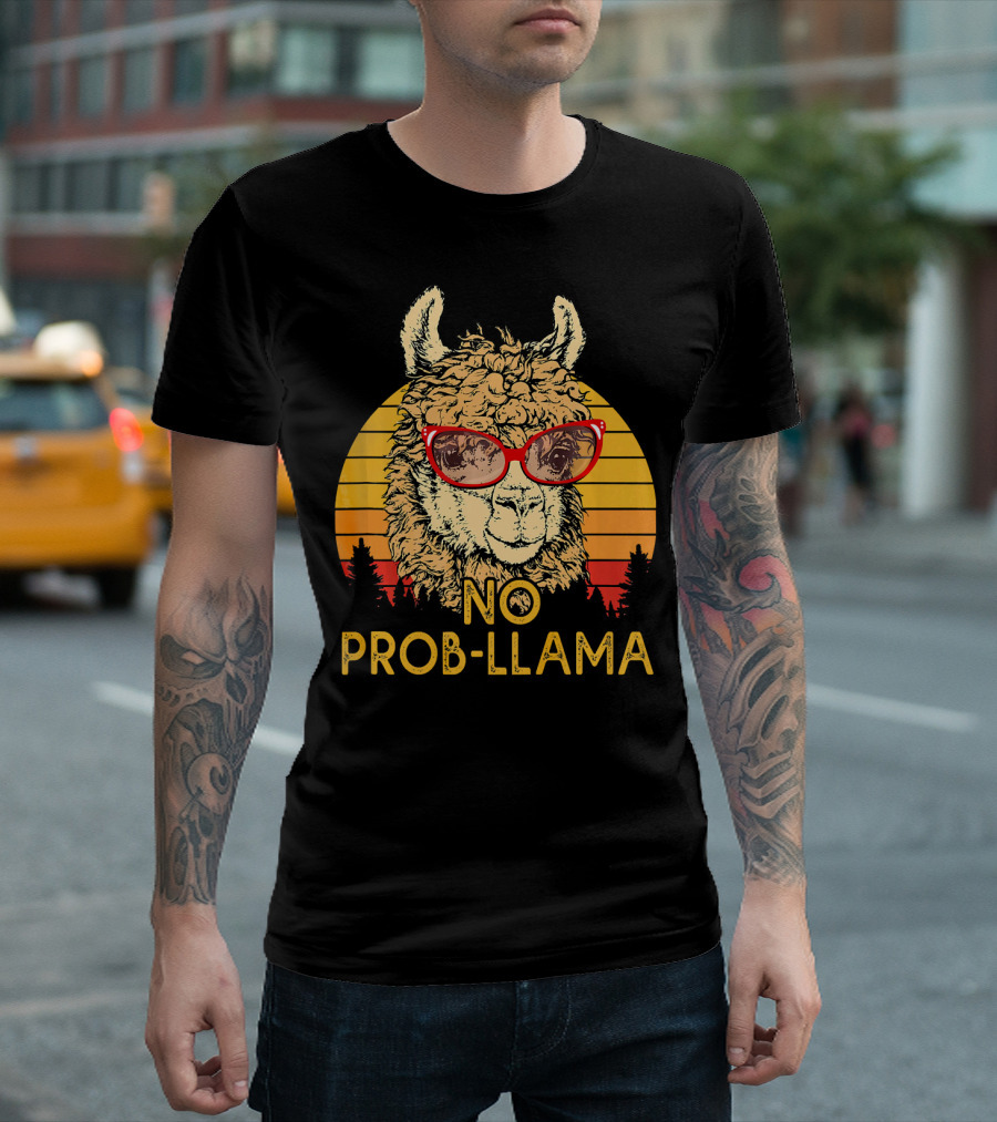 NO PROB LLAMA Retro Funny Llama Alpaca With Sunglasses Vintage Sunset T-Shirt