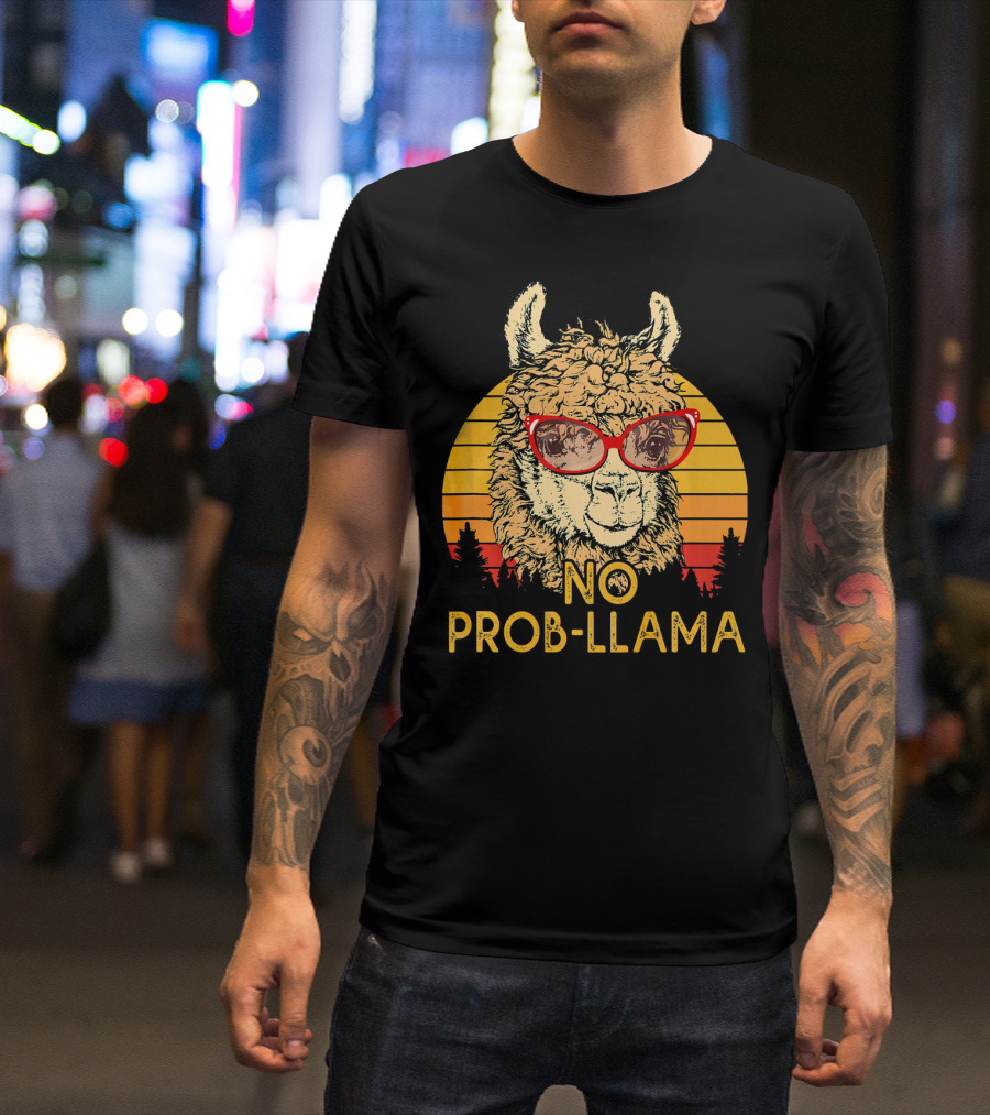 NO PROB LLAMA Retro Funny Llama Alpaca With Sunglasses Vintage Sunset T-Shirt